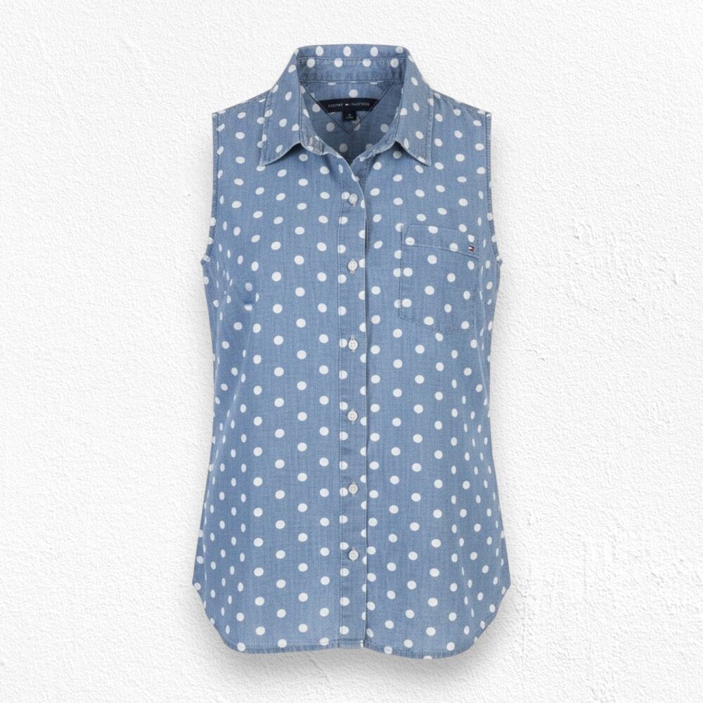 Tommy Hilfiger Light Wash Polka Dot Chambray Denim Womens Blouse Size Medium